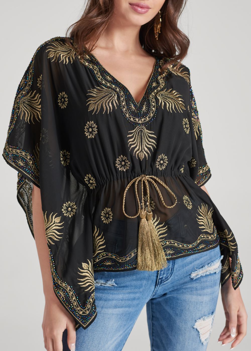 Venus Embellished Handkerchief Top in Black & Gold