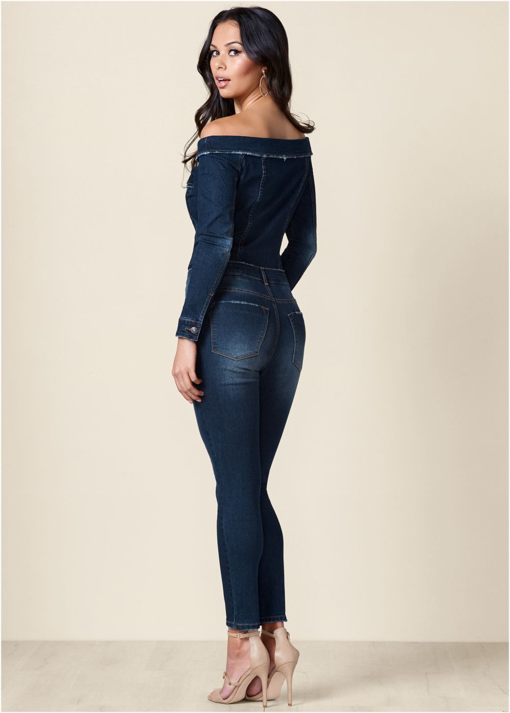 Venus Off-The-Shoulder Denim Jumpsuit in Dark Wash