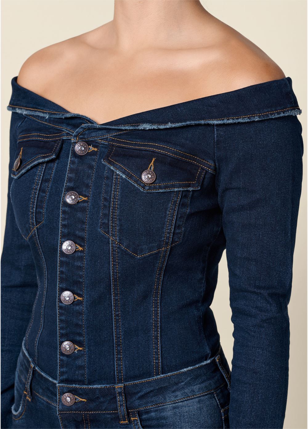 Venus Off-The-Shoulder Denim Jumpsuit in Dark Wash