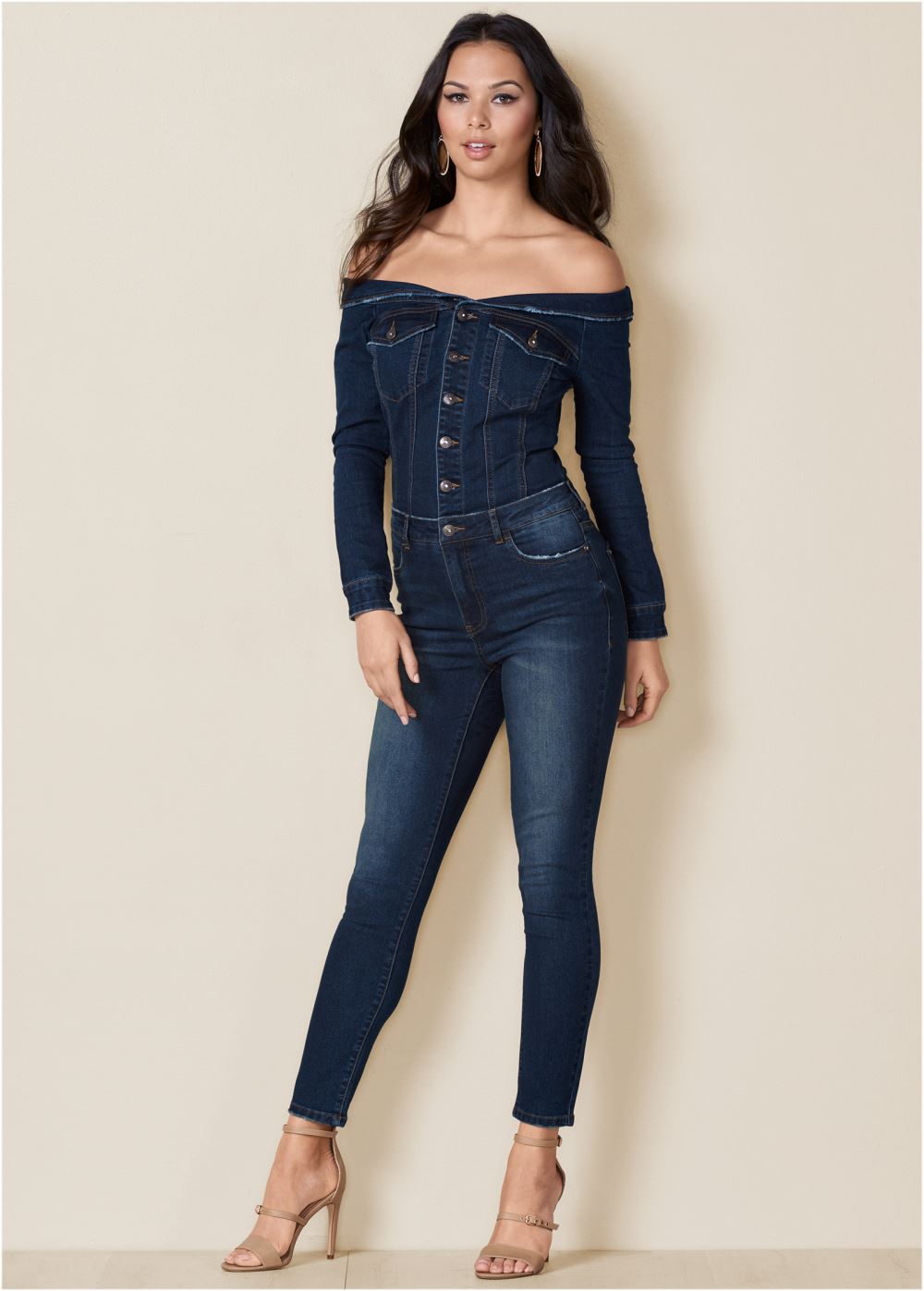 Venus Off-The-Shoulder Denim Jumpsuit in Dark Wash