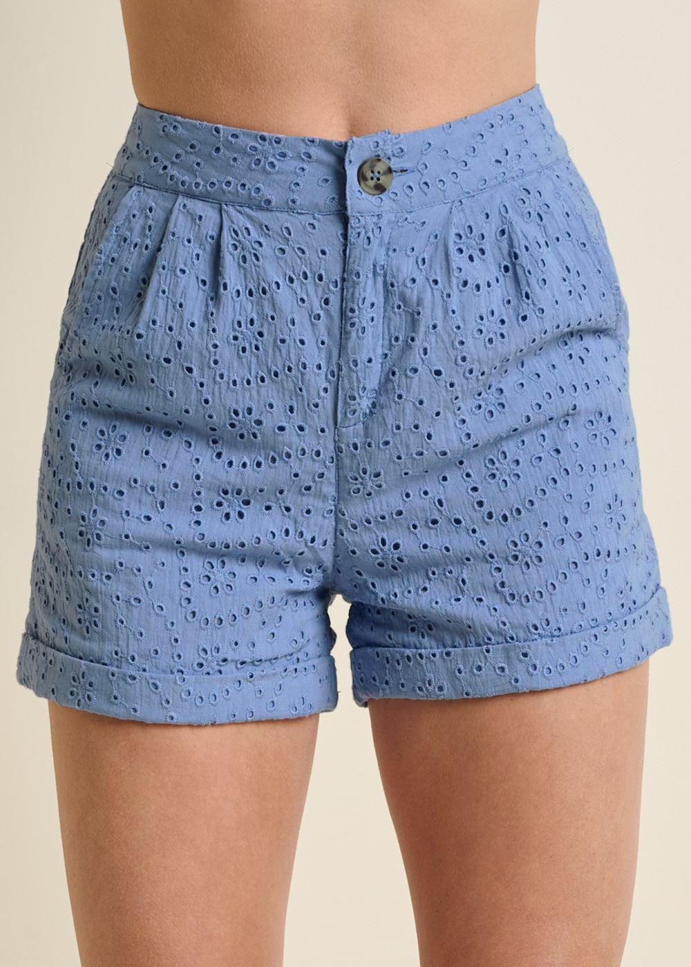 Venus Blue EYELET CUFFED BUTTON SHORTS