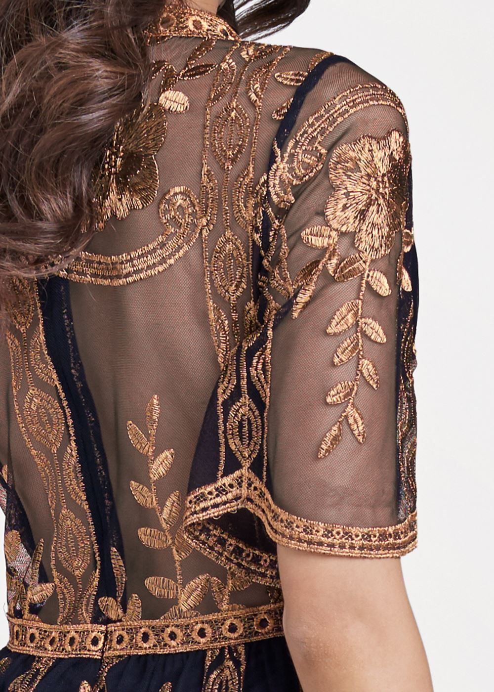Venus Metallic Embroidered Romper in Black & Gold