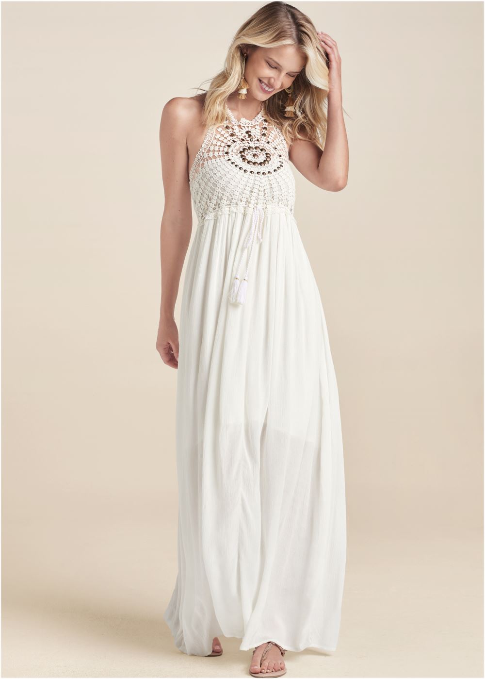 Venus Crochet Detail Maxi Dress - Off White Multi