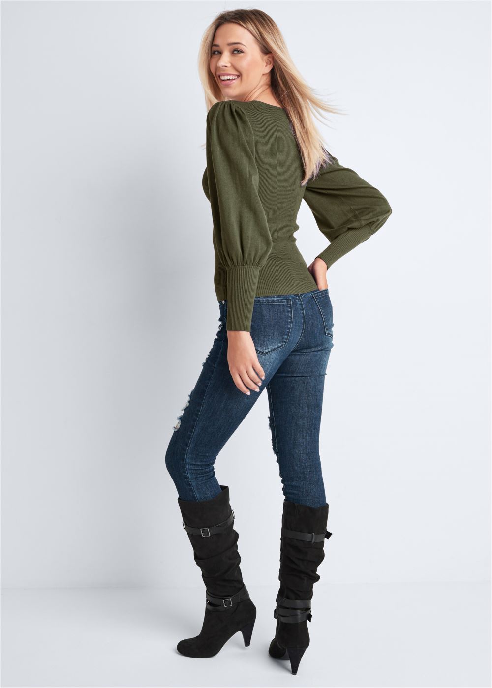 Venus VENUS | Puff Sleeve Sweater in Olive
