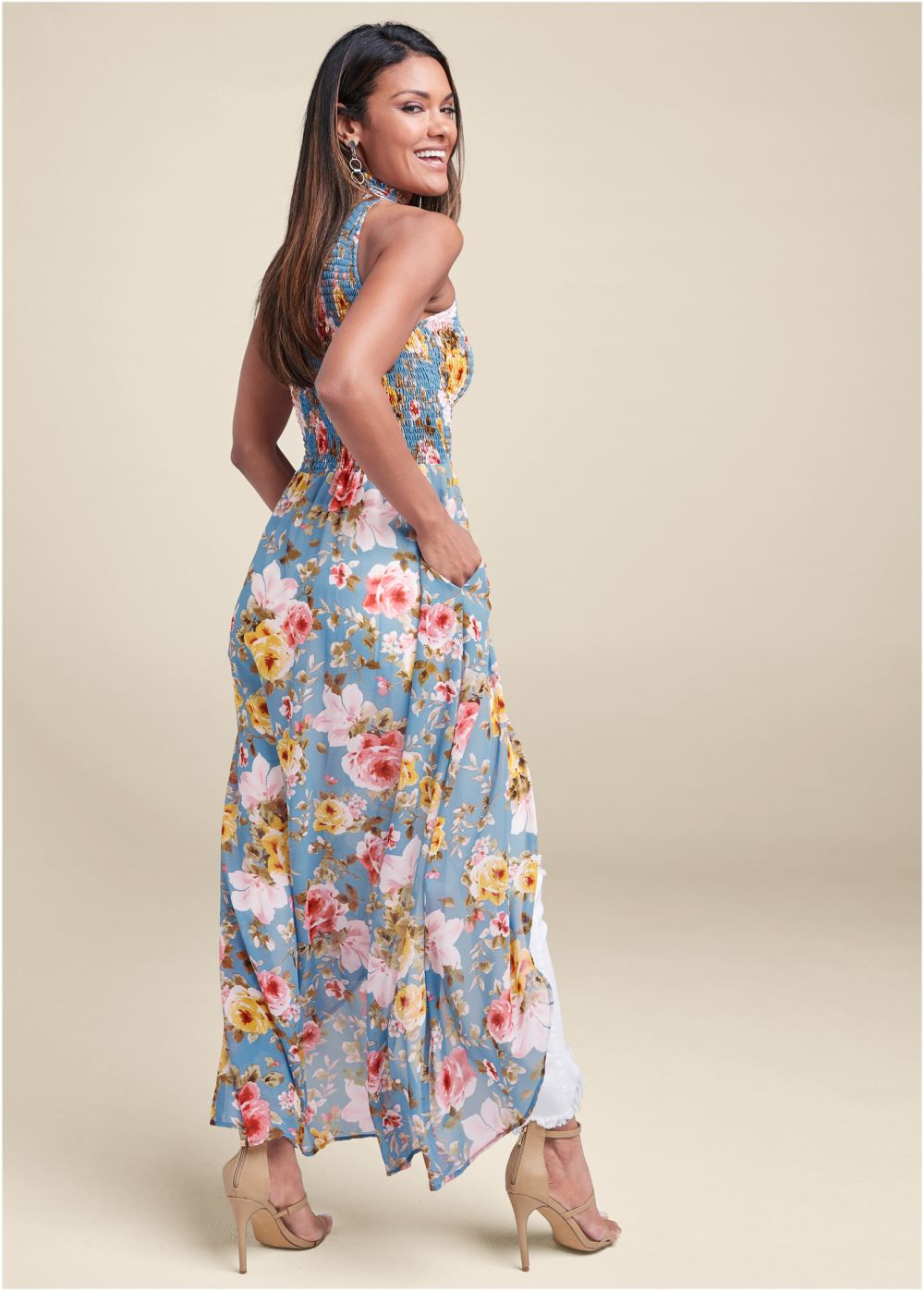 Venus Smocked Maxi Top in Blue Multi