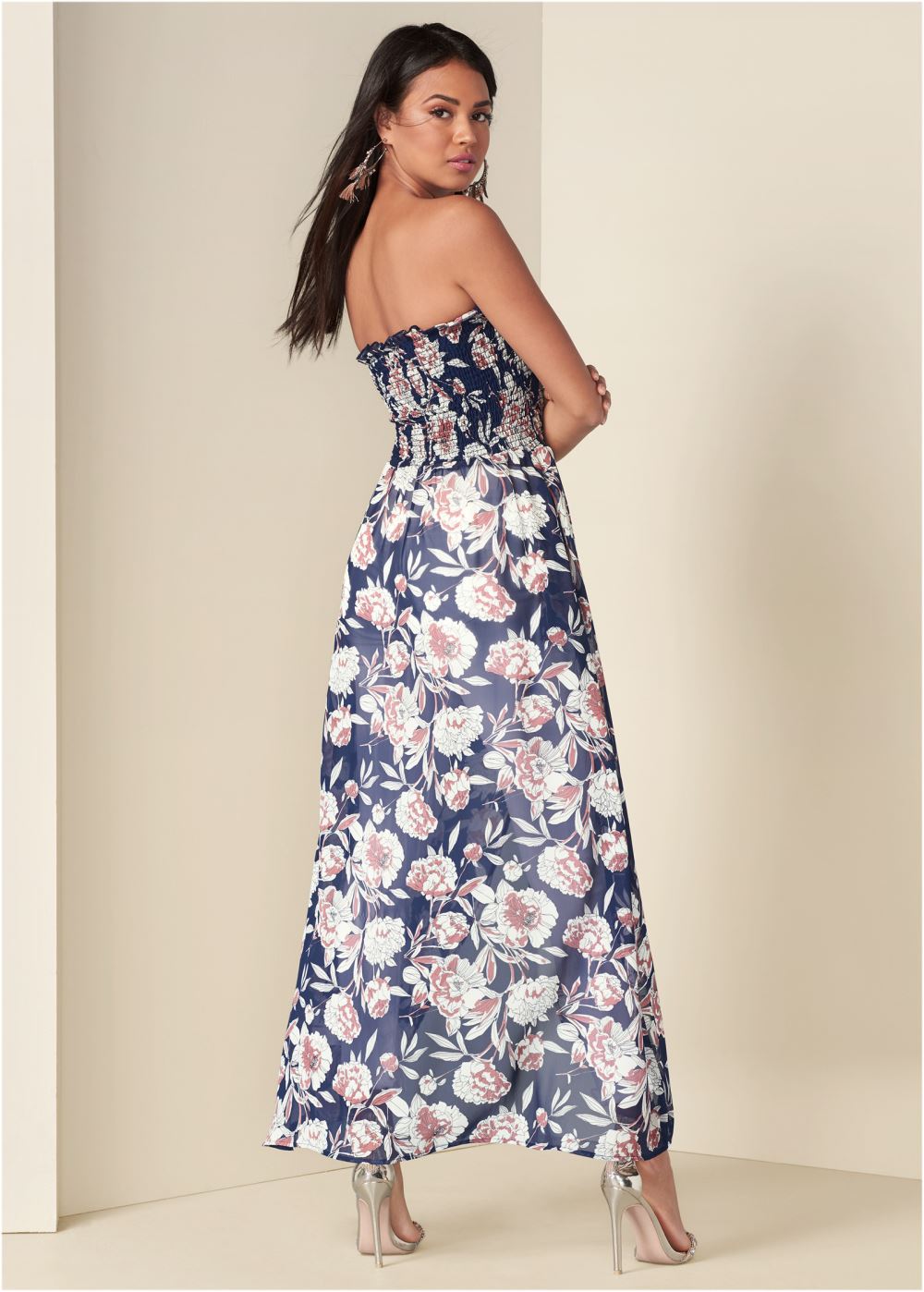 Venus Smocked Floral High-Low Top in Navy Multi