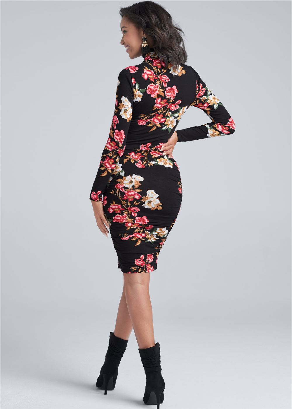 Venus Long Sleeve Ruched Dress - Black & Red