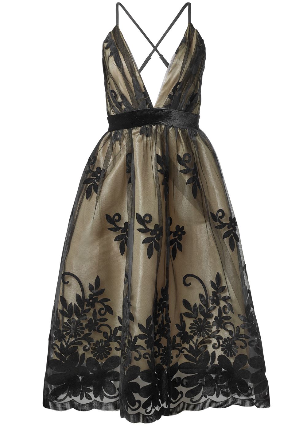 Venus Velvet Floral Midi Dress - Black & Nude