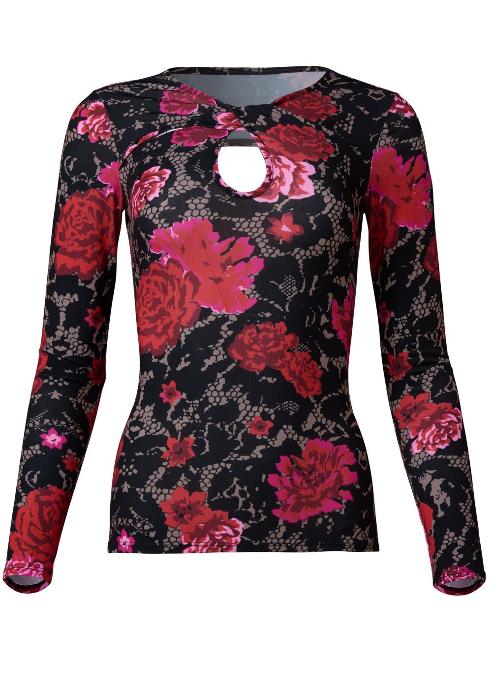 Venus Front Keyhole Twist Top in Red Multi
