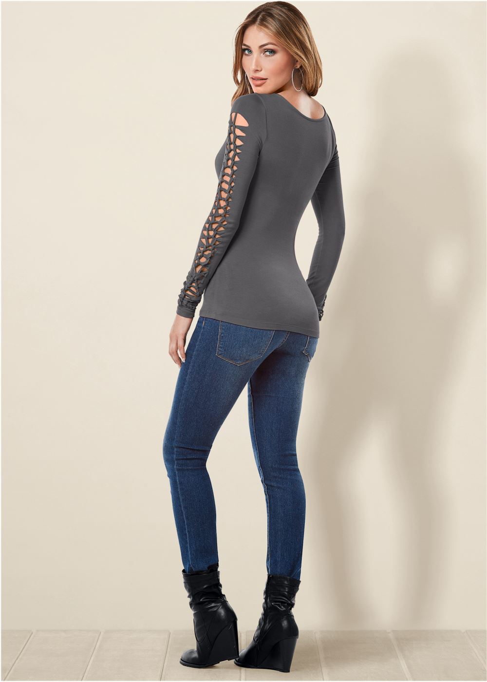 Venus Cut Out Sleeve Detail Top in Dark Grey