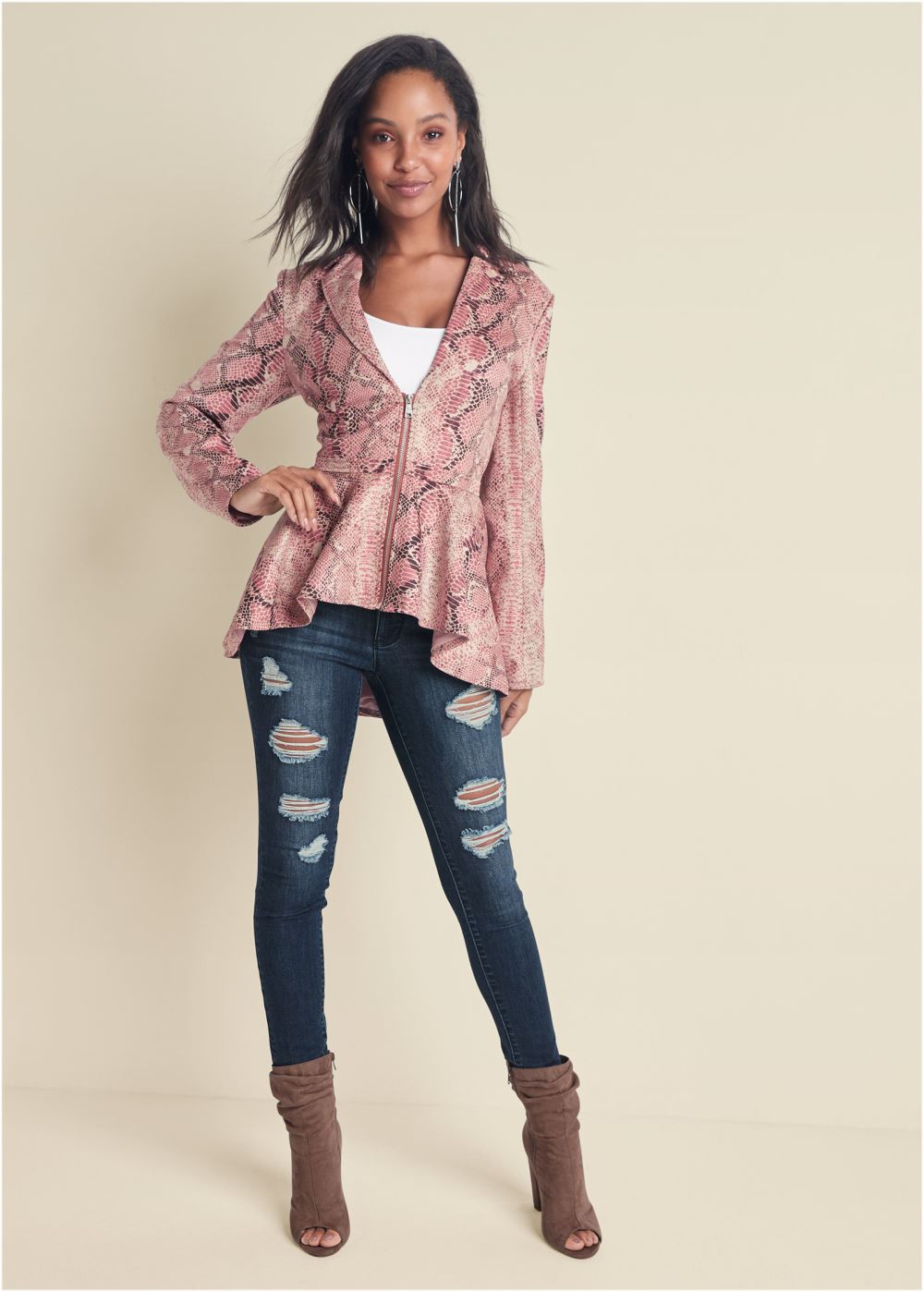 Venus Faux-Suede High-Low Jacket in Pink Multi