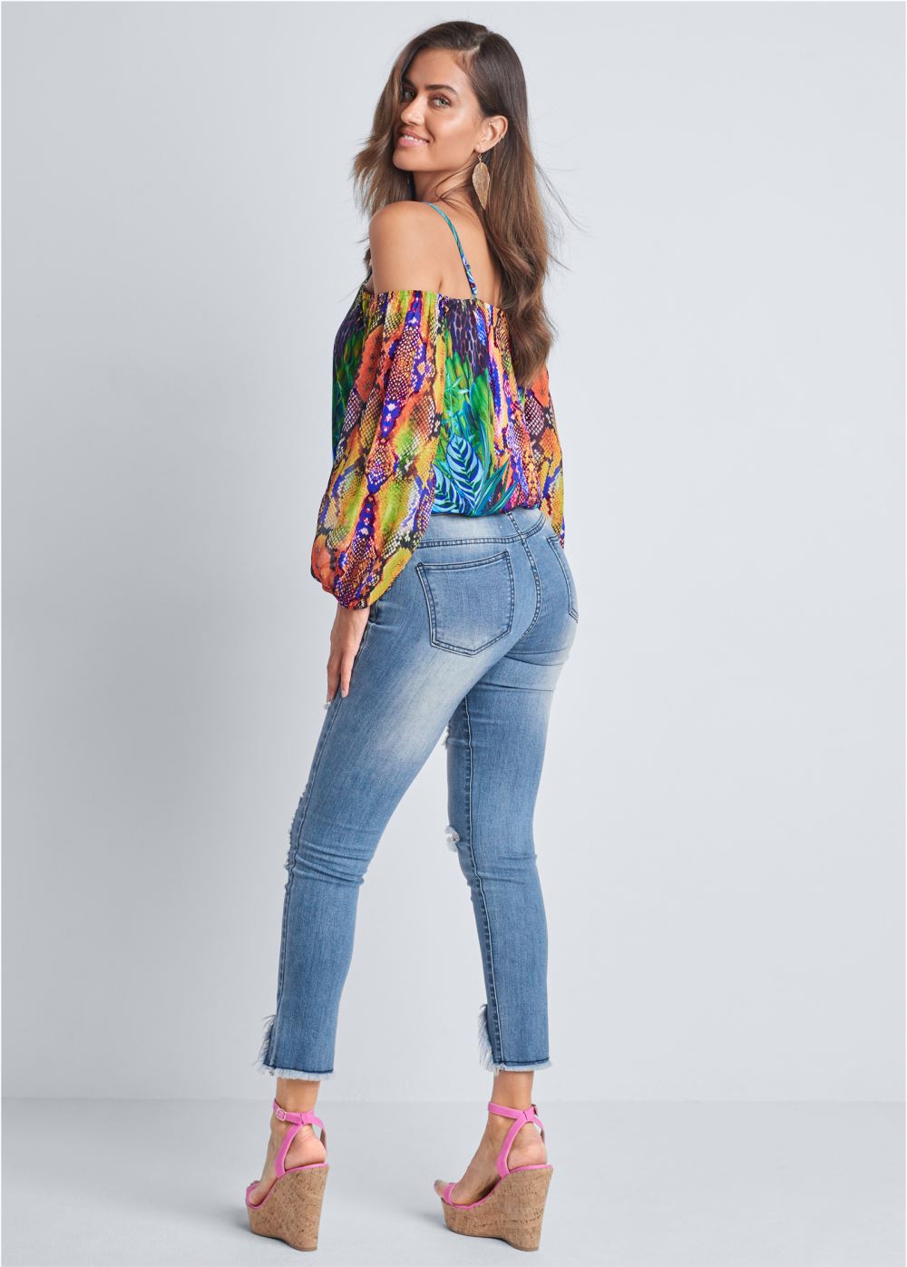 Venus Printed Cold-Shoulder Top in Teal Multi