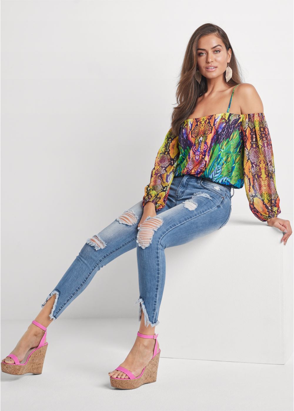 Venus Printed Cold-Shoulder Top in Teal Multi
