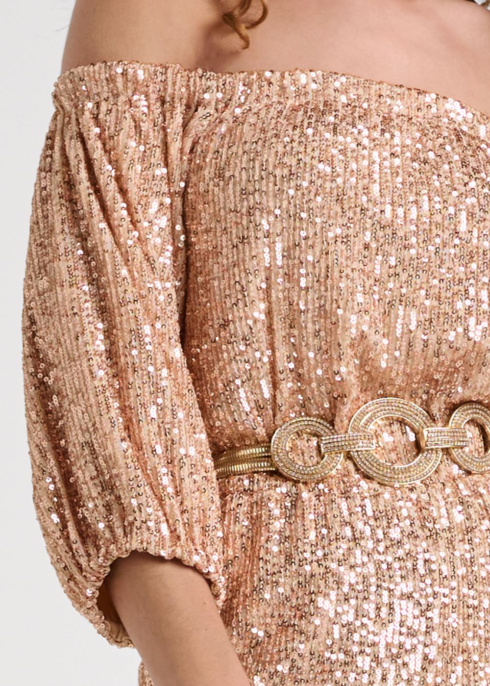 Venus Off-Shoulder Sequin Jumpsuit in Rose Gold