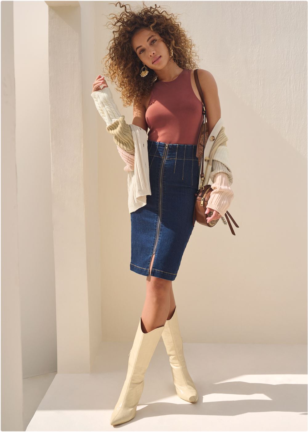 Venus VENUS | Patchwork Cable Knit Cardigan in Cream Multi