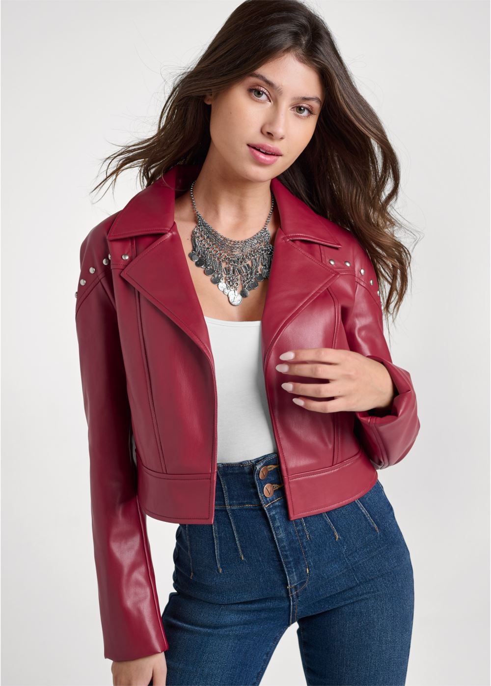 Venus Faux-Leather Grommet Jacket in Red Multi