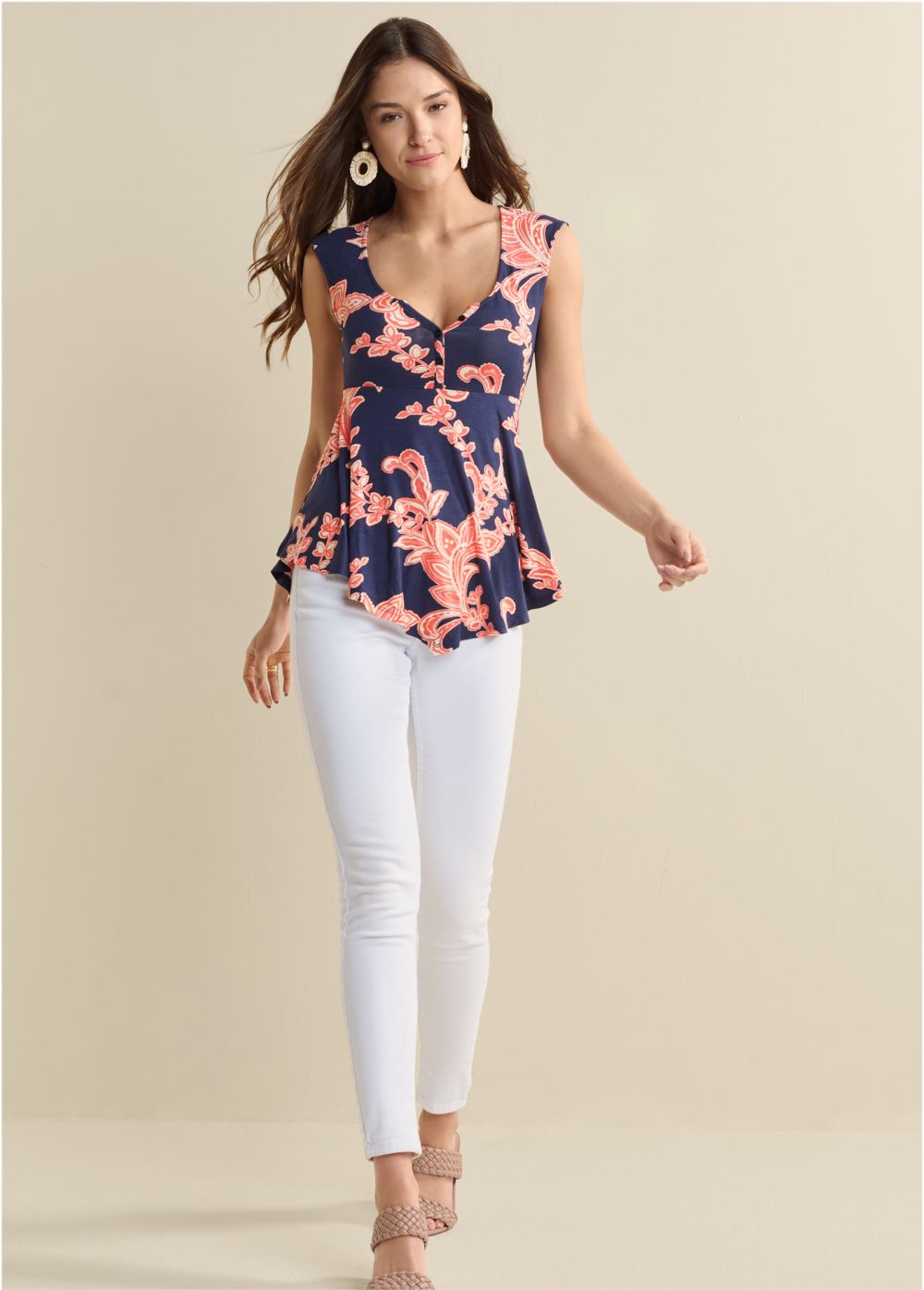 Venus Henley Babydoll Top in Navy & Red