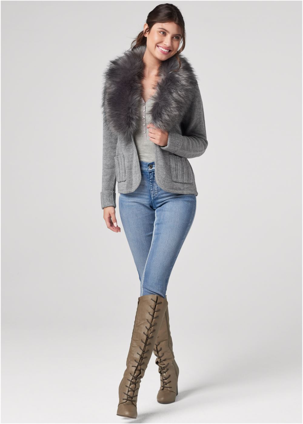 Venus VENUS | Faux Fur Trim Cardigan in Grey