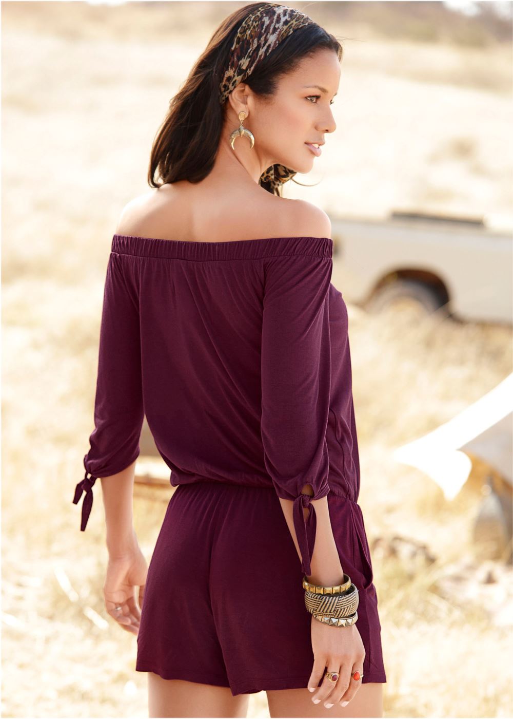 Venus Off-The-Shoulder Romper in Dark Red