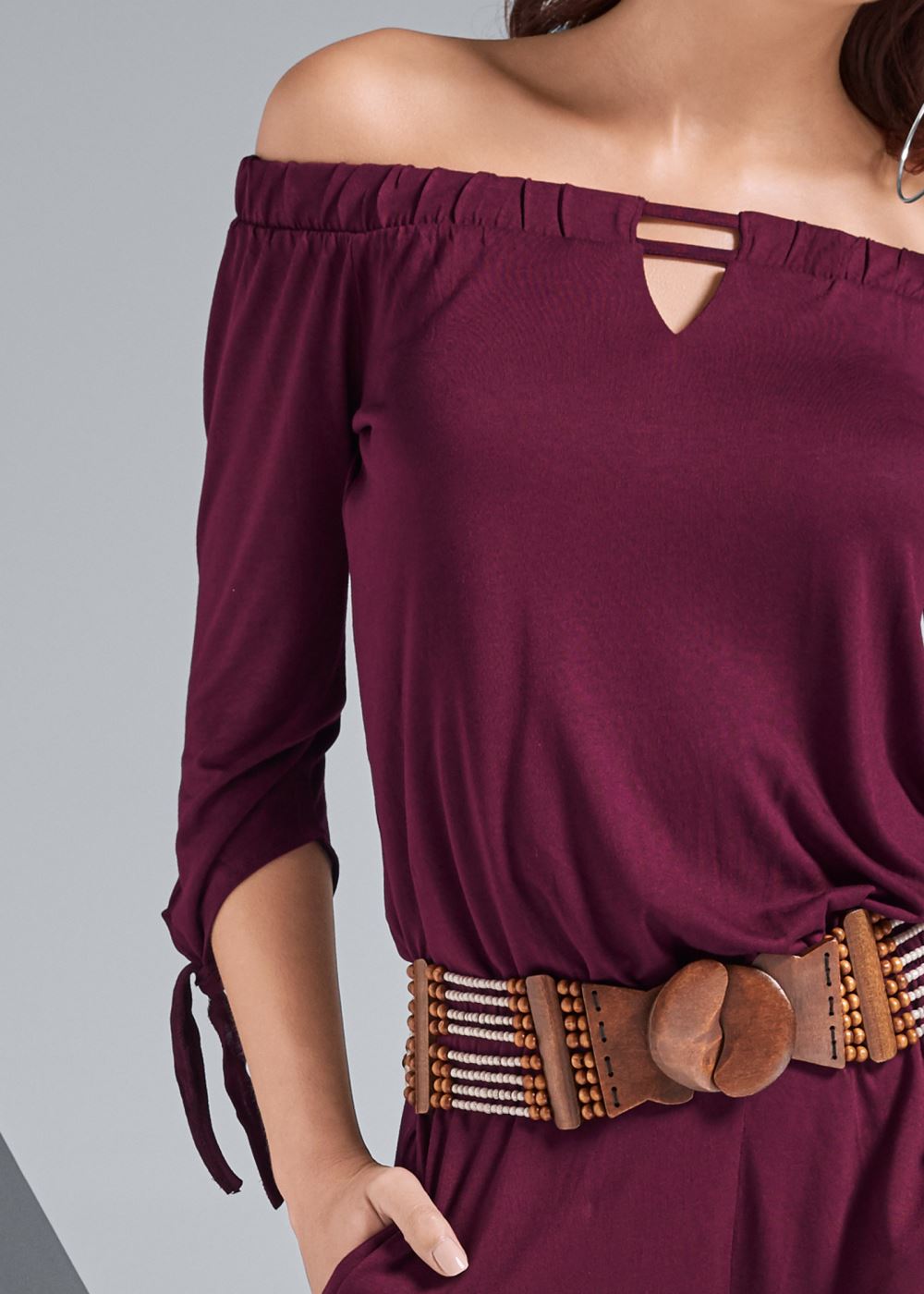 Venus Off-The-Shoulder Romper in Dark Red