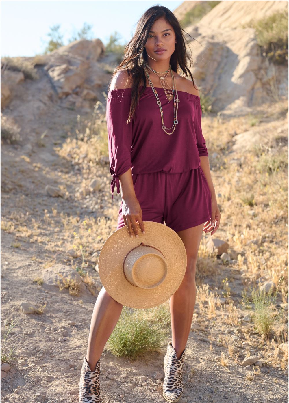 Venus Off-The-Shoulder Romper in Dark Red