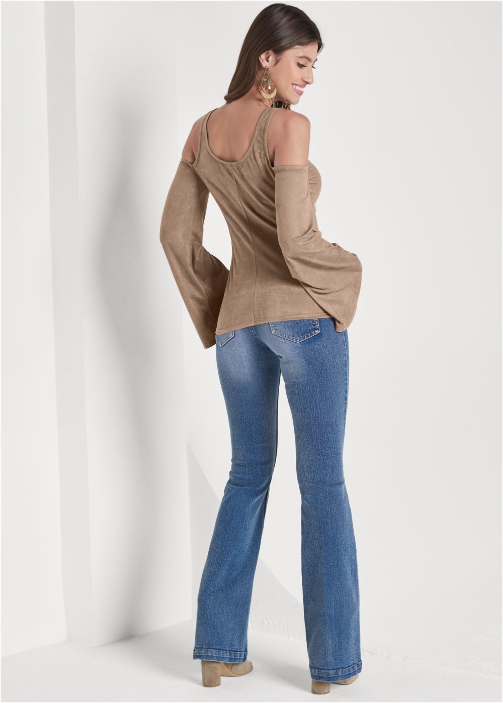 Venus Faux-Suede Crochet Trim Top in Tan