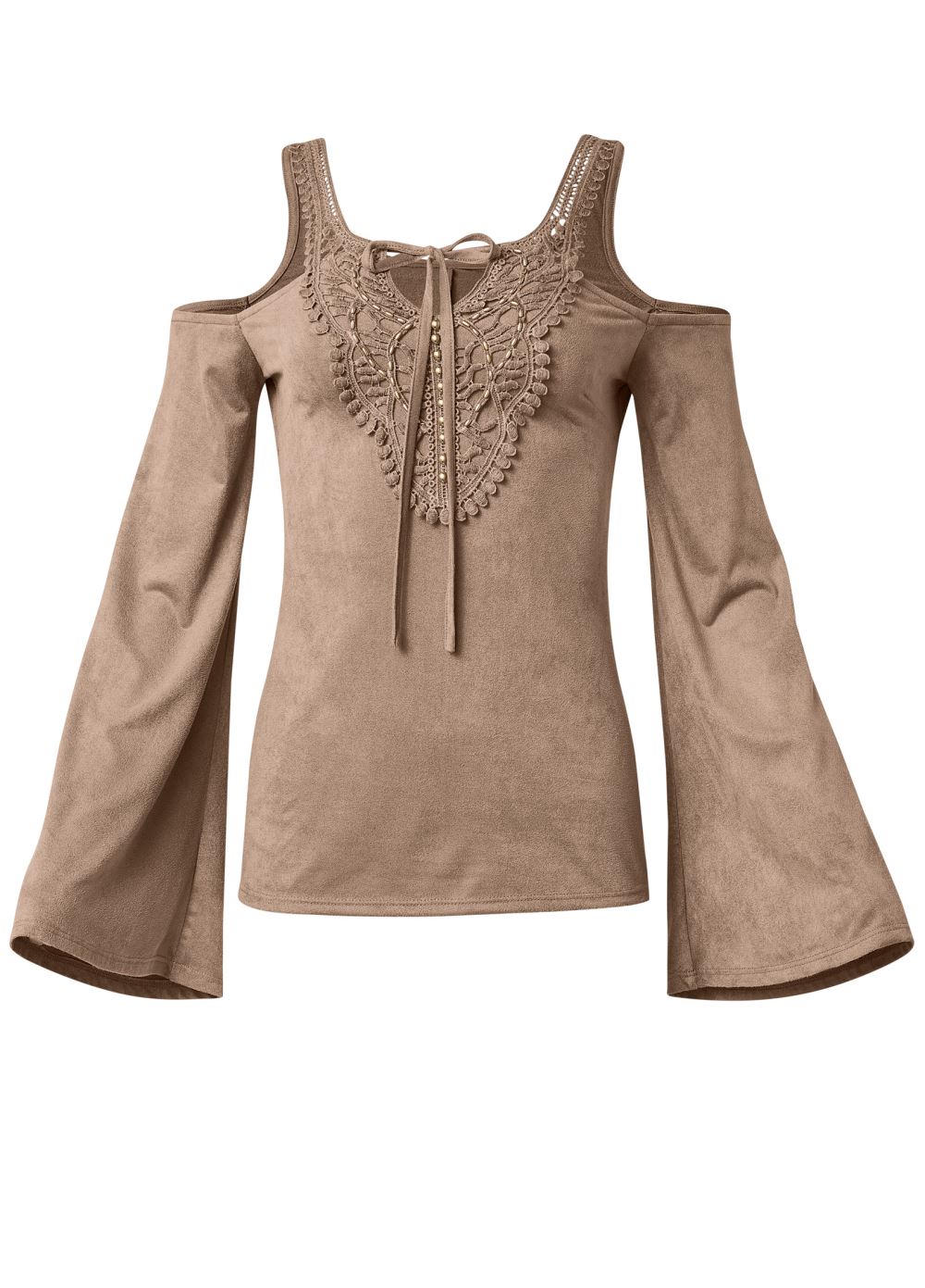 Venus Faux-Suede Crochet Trim Top in Tan