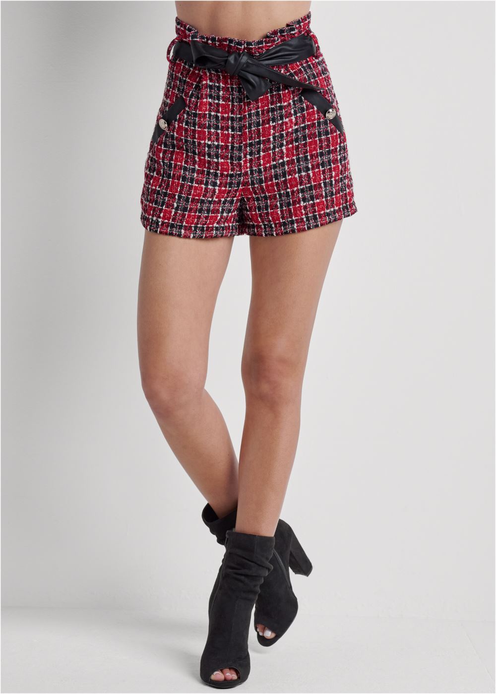 Venus Black & Red GATHERED TWEED SHORTS