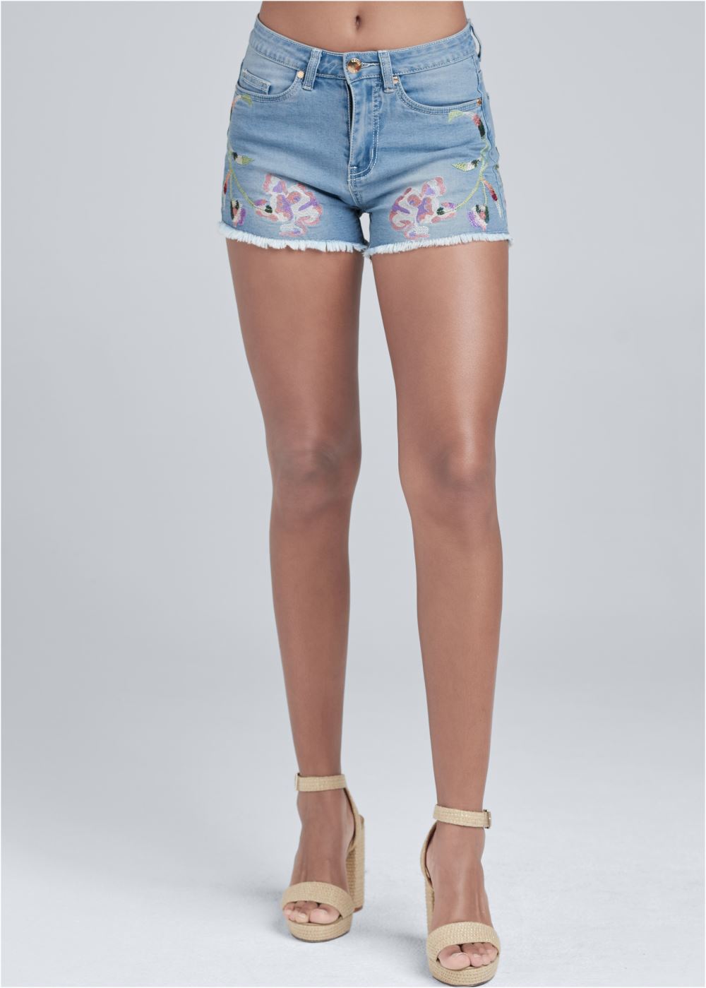 Venus Floral Embroidered Shorts - Light Wash