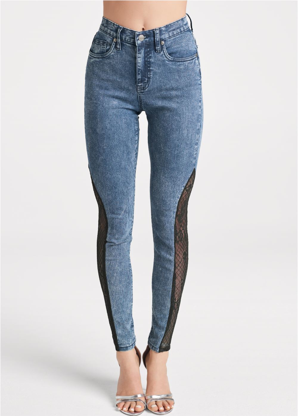 Venus Lace Inset Skinny Jeans in Dark Wash