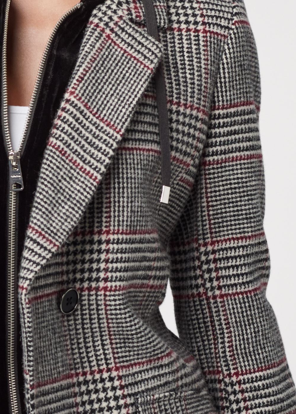 Venus Plaid And Velvet Hood Coat in Black Multi