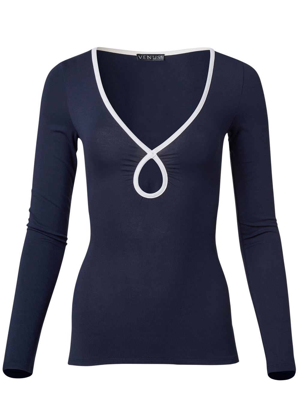 Venus Keyhole Long Sleeve Top in Navy & White