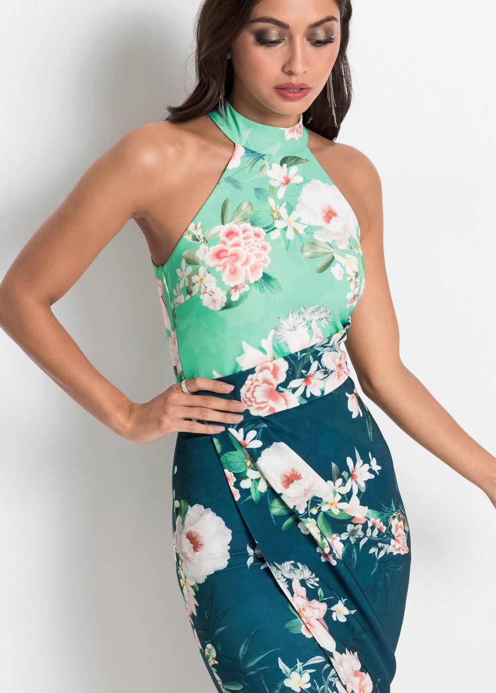 Venus Floral Bodycon Dress - Navy Blue & Turquoise