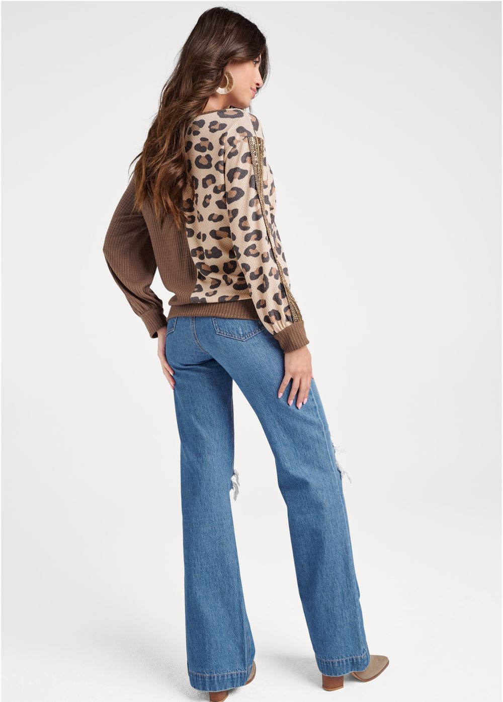 Venus Sequin Printed Waffle Knit Top in Brown Multi