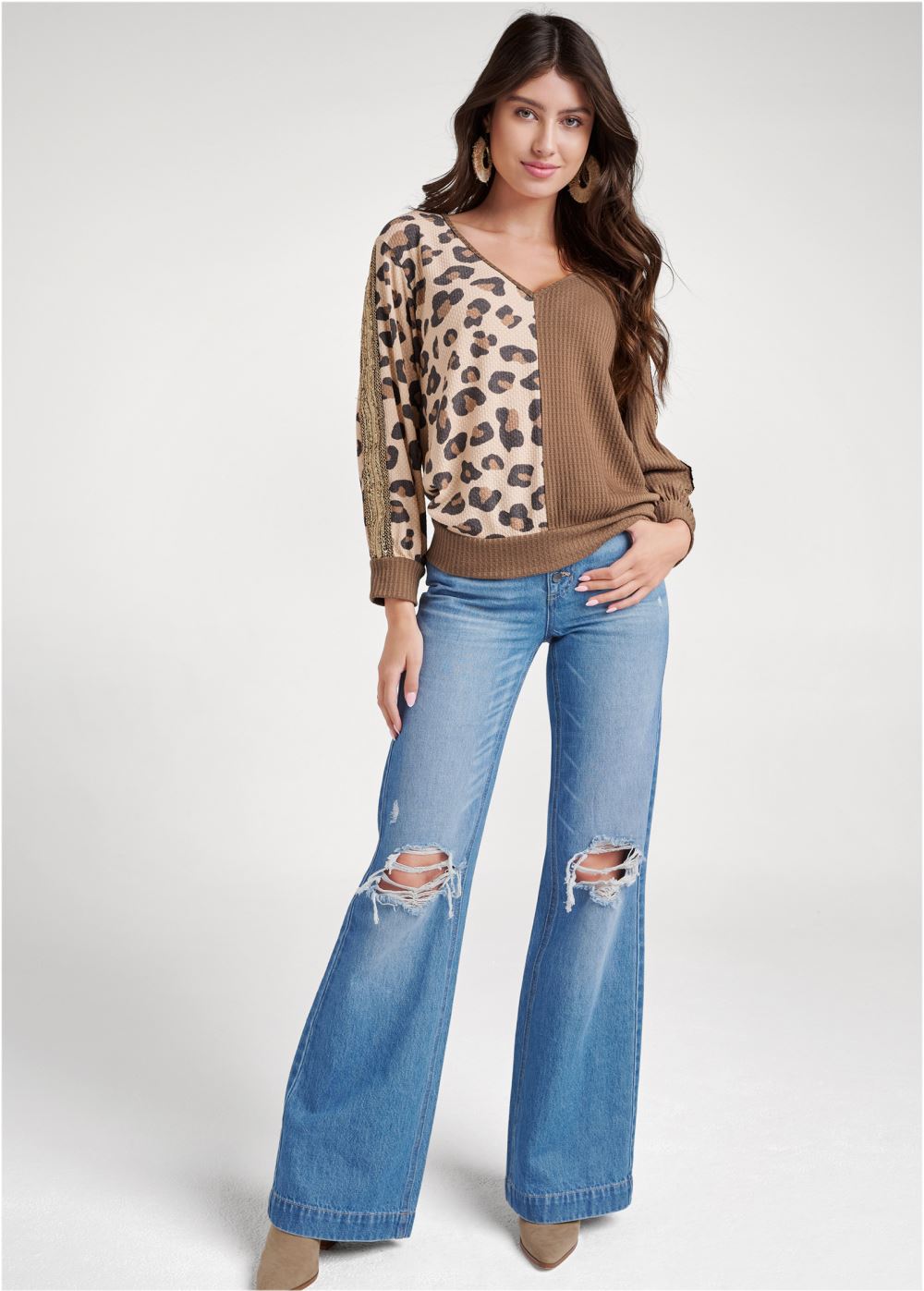 Venus Sequin Printed Waffle Knit Top in Brown Multi