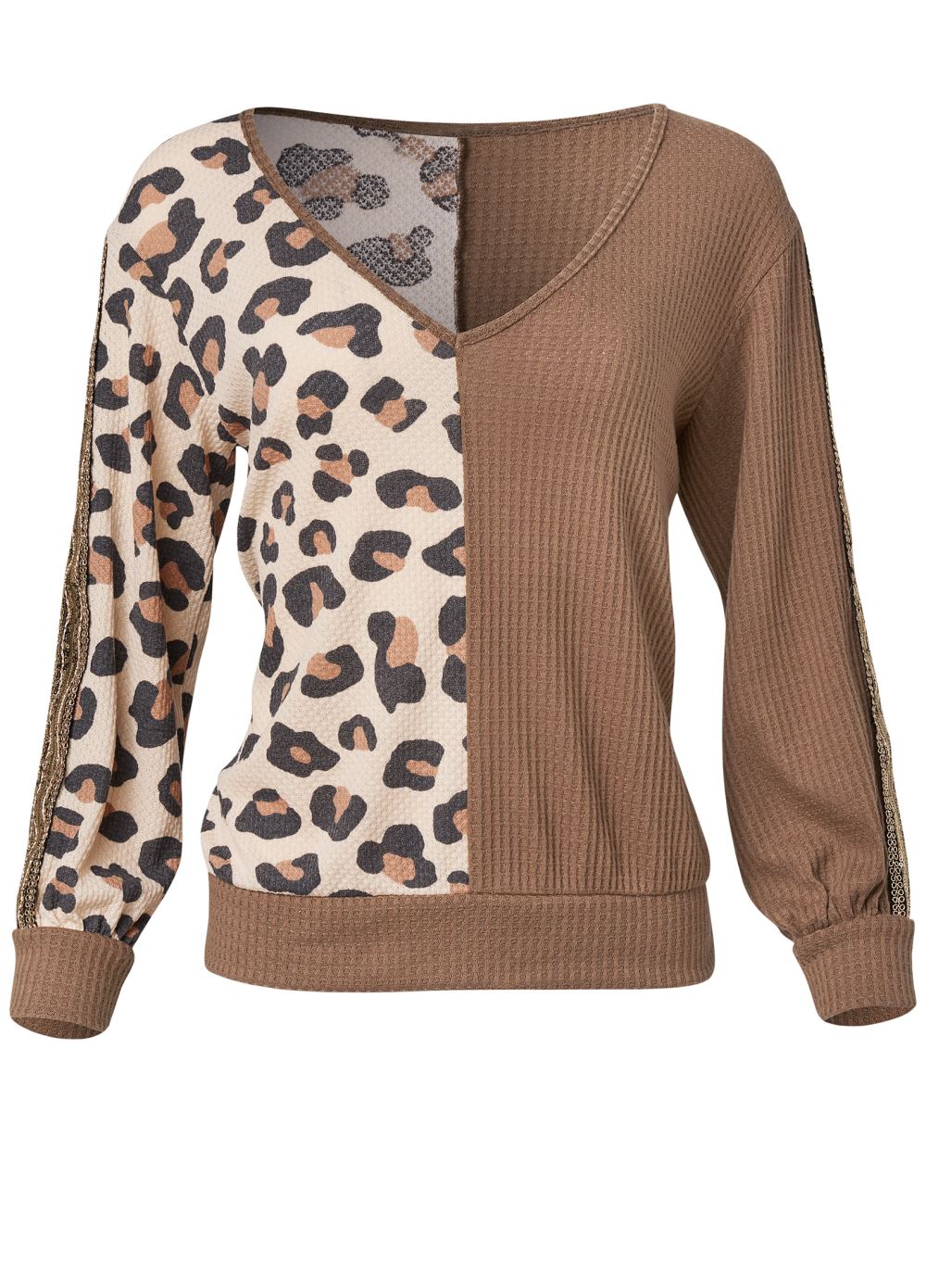 Venus Sequin Printed Waffle Knit Top in Brown Multi