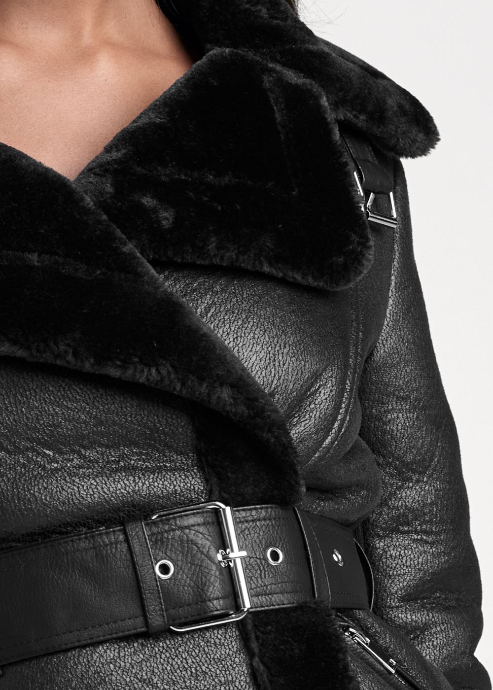 Venus Faux-Leather And Fur Coat in Black
