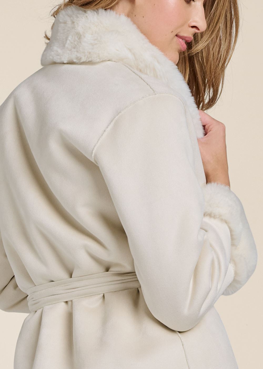 Venus Faux-Fur Trim Coat in Off White