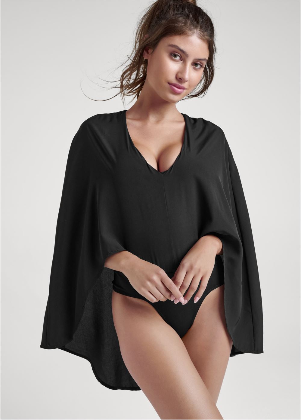 Venus V-Neck Cape Bodysuit in Black