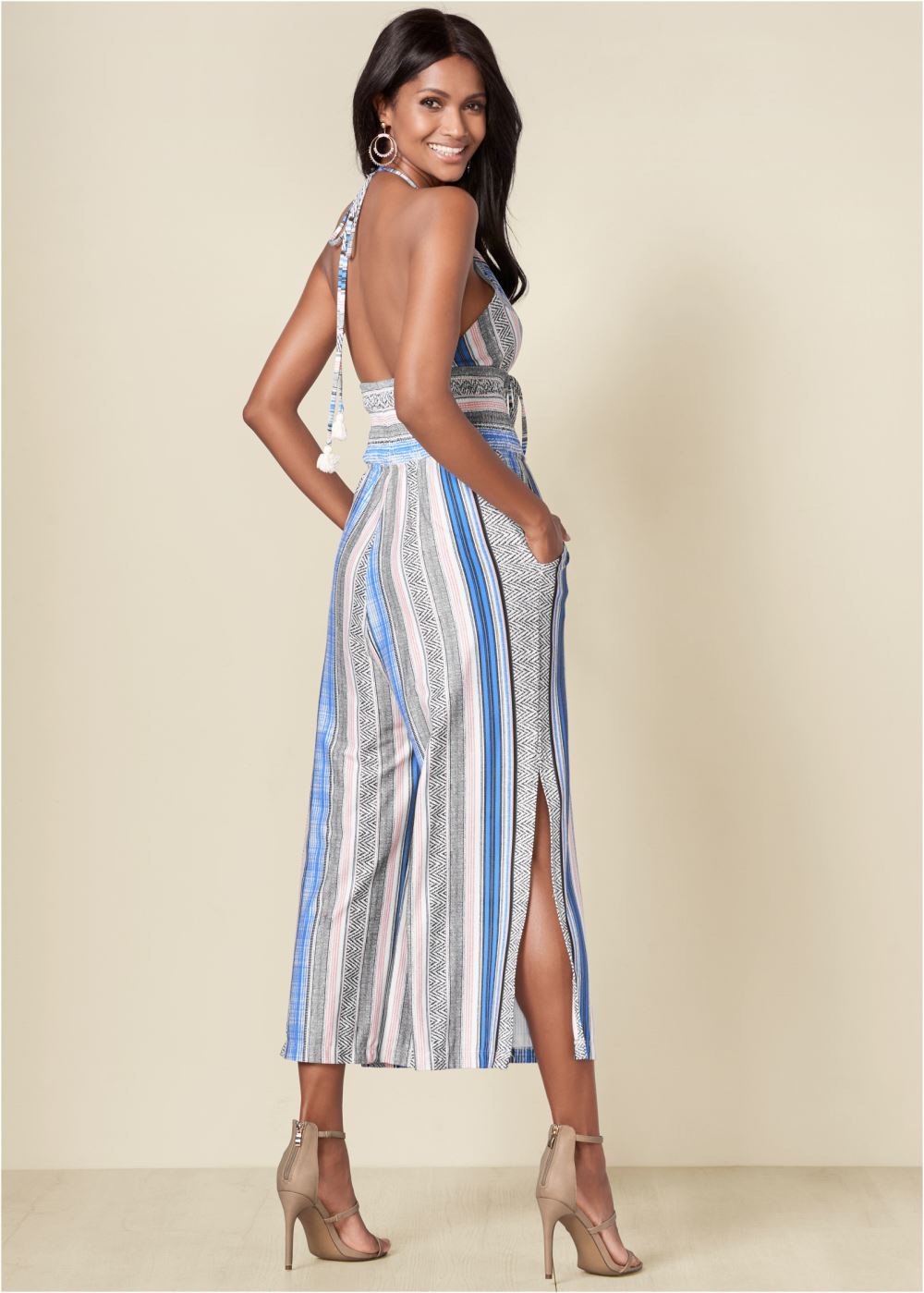 Venus Tassel Halter Jumpsuit in Light Blue Multi
