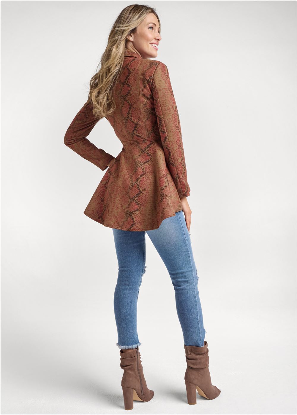 Venus Faux-Suede High-Low Jacket in Tan Multi