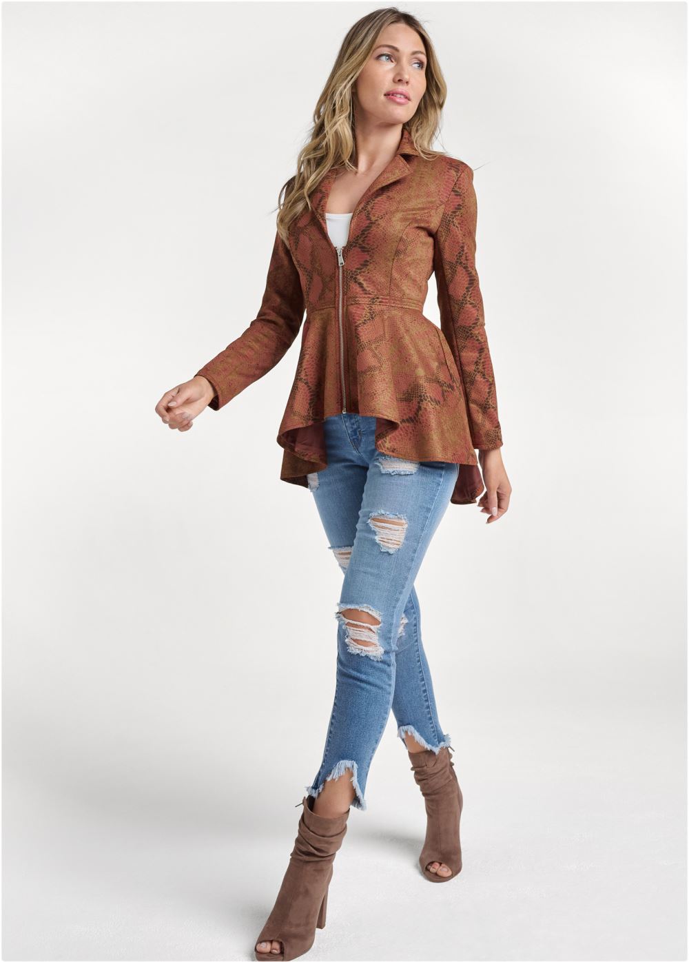 Venus Faux-Suede High-Low Jacket in Tan Multi
