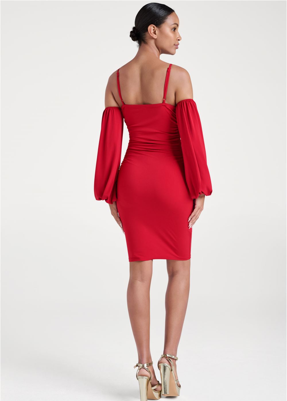 Venus Cold-Shoulder Ruched Dress - Red