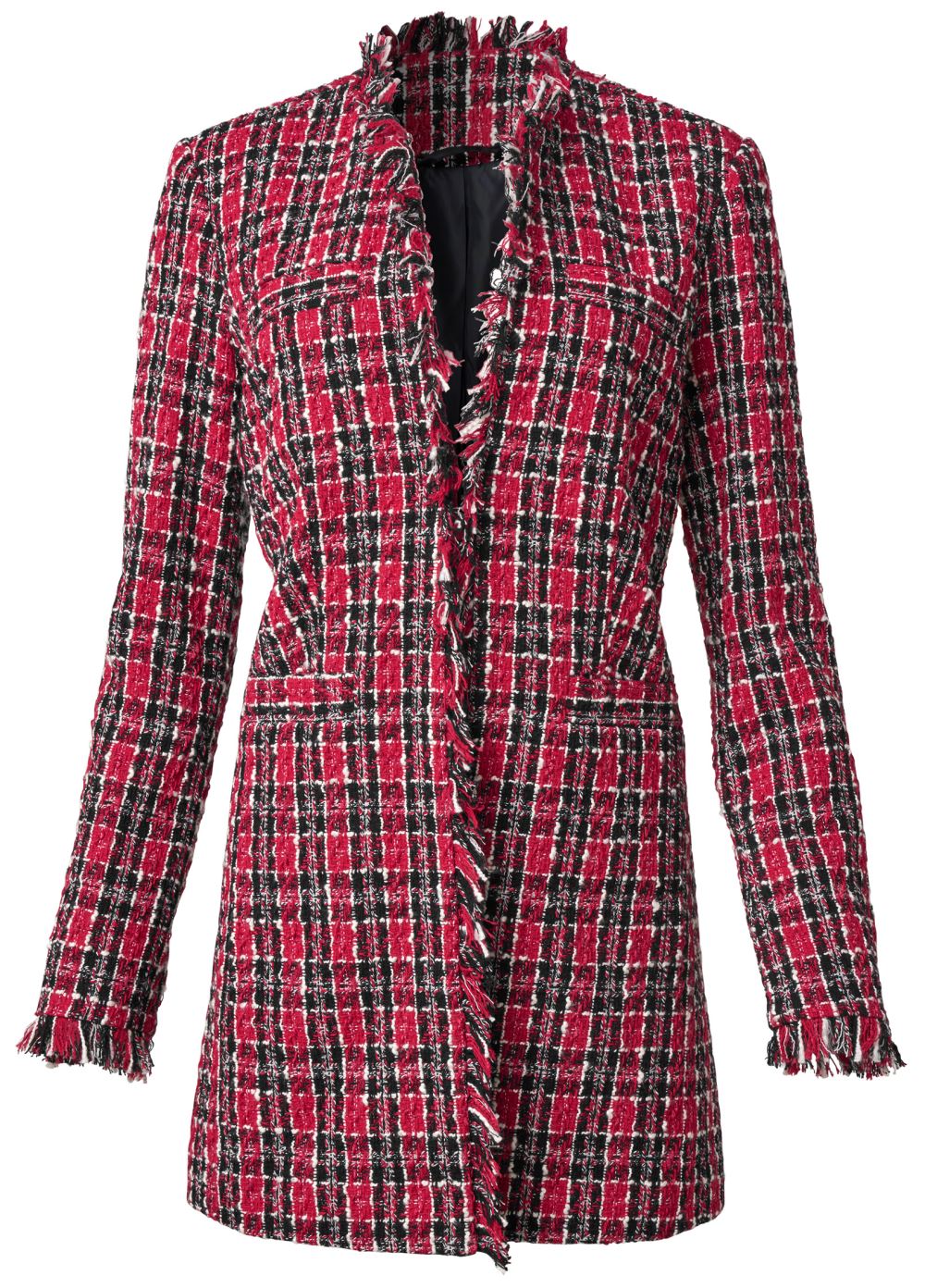 Venus Open Front Tweed Fringe Jacket in Black & Red