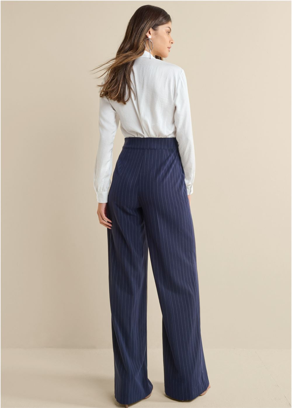 Venus Pinstripe Wide Leg Jumpsuit in Navy & White