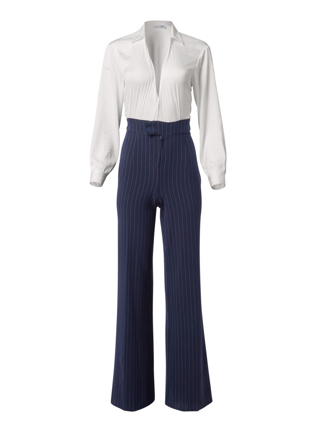 Venus Pinstripe Wide Leg Jumpsuit in Navy & White