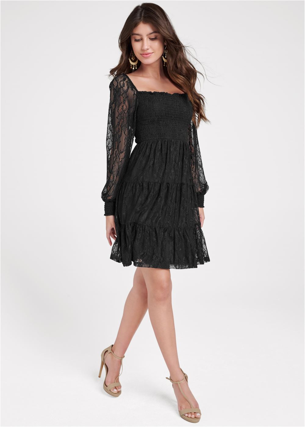 Venus Smocked Lace Tiered Dress - Black