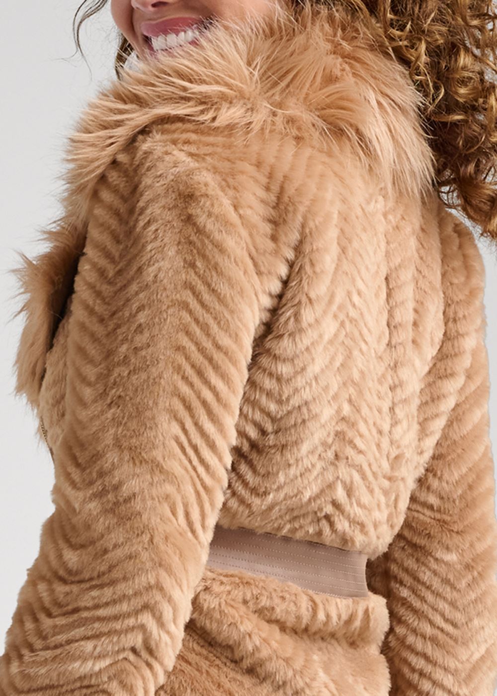 Venus Faux-Fur Side Zip Coat in Tan