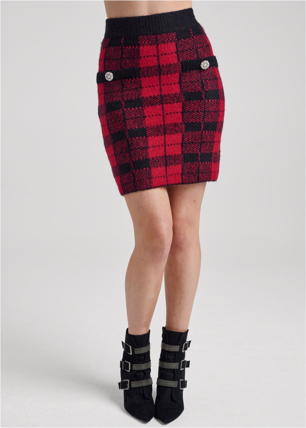 Venus Plaid Sweater And Skirt Set - Black & Red