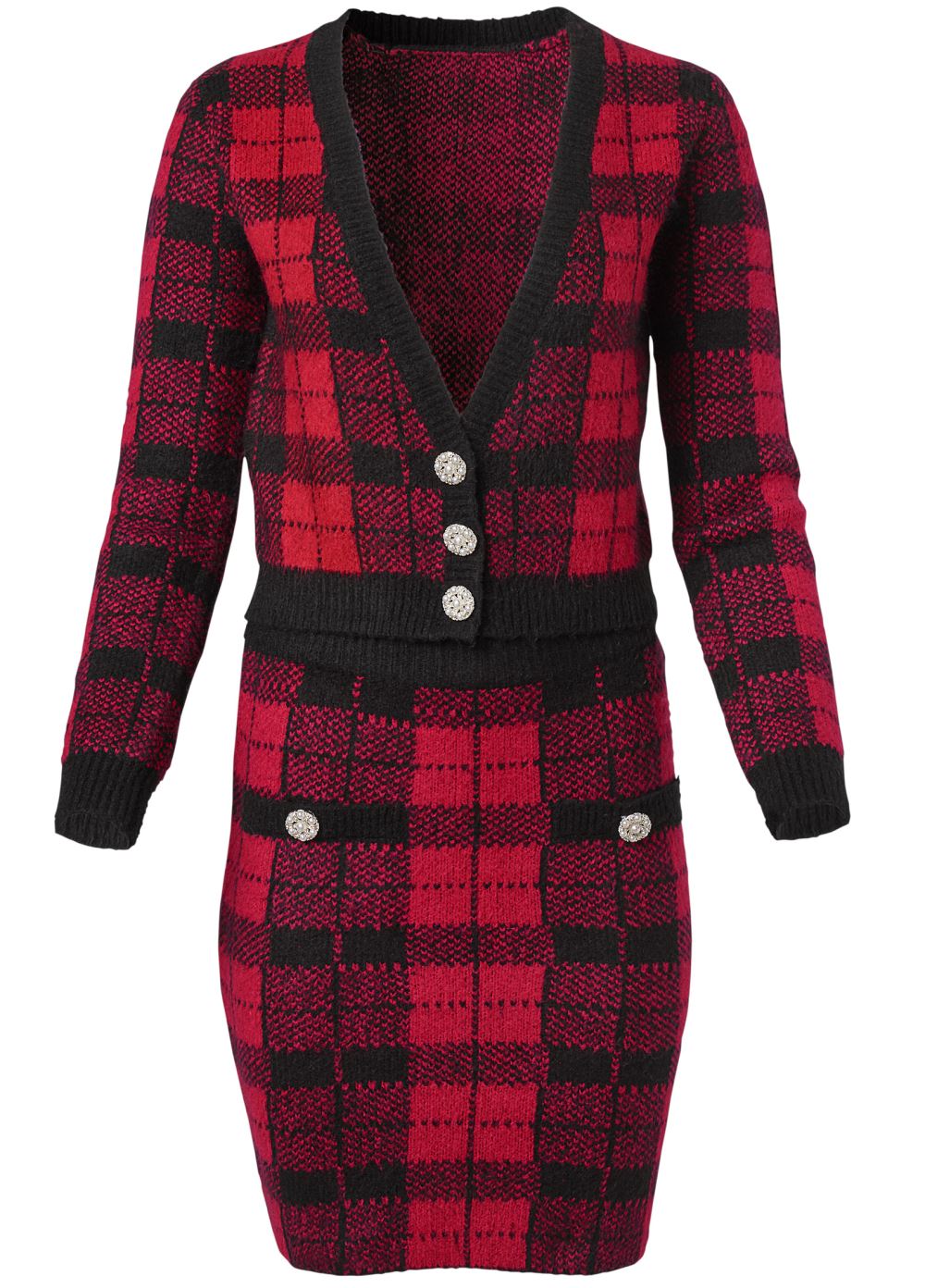 Venus Plaid Sweater And Skirt Set - Black & Red